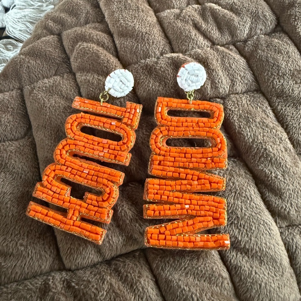 Orange Beaded “TOUCH DOWN” football Earrings